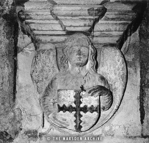 Angel bearing a shield with the engrailed cross of the St Clair family, Rosslyn Chapel, Rosslyn, Edinburgh, Scotland (MA-FM-002)