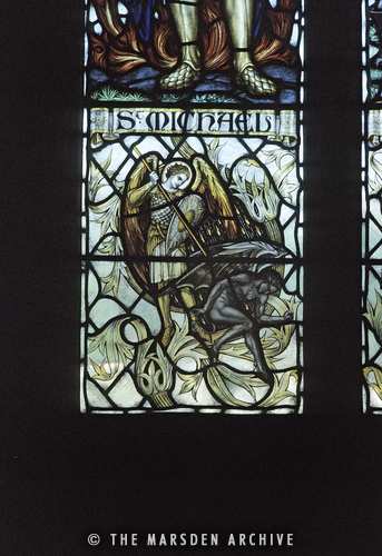 Detail from stained glass window, St Mary's Church, Painswick, Gloucestershire, England (MA-SG-001)
